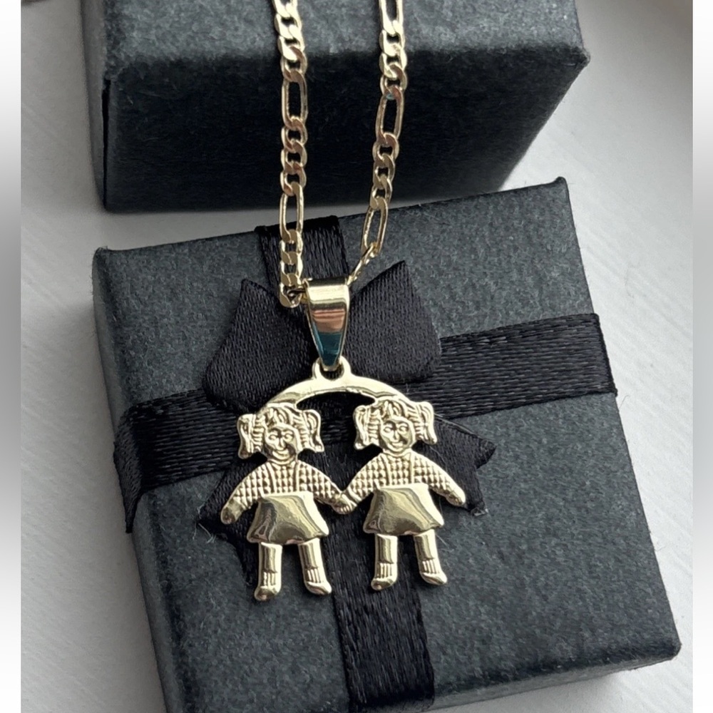 Twin Girls Pendant Necklace, Gold Plated, Sisters Daughters Mother’s Day Gift
